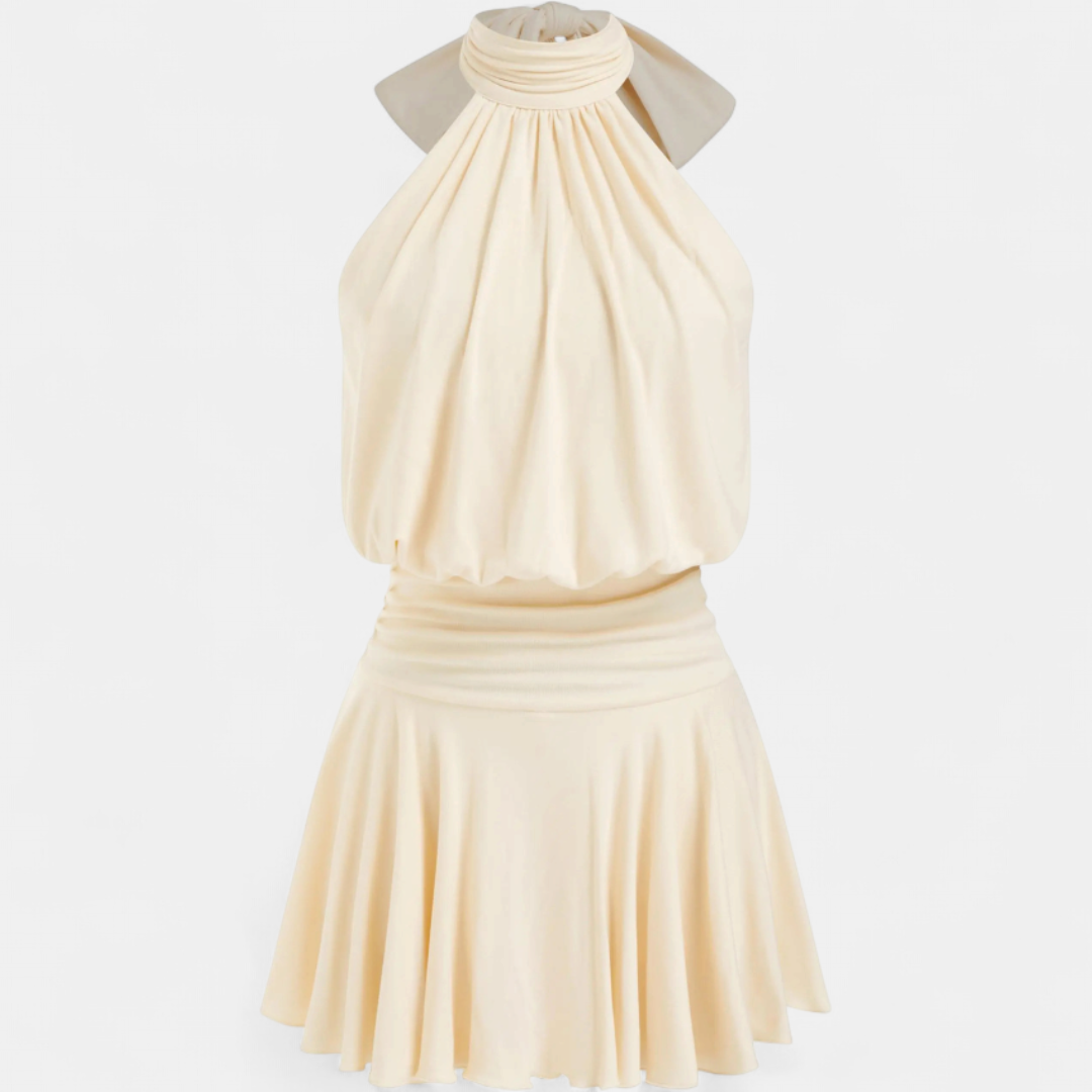 Women's Halter Neck Cocktail Mini Dress, Pleated Drop Waist