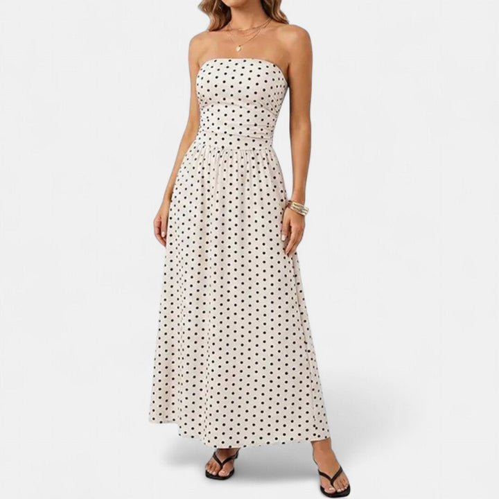 Women's Polka Dot Strapless Maxi Dress, Smocked Back Bodice