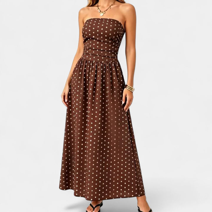 Women's Polka Dot Strapless Maxi Dress, Smocked Back Bodice