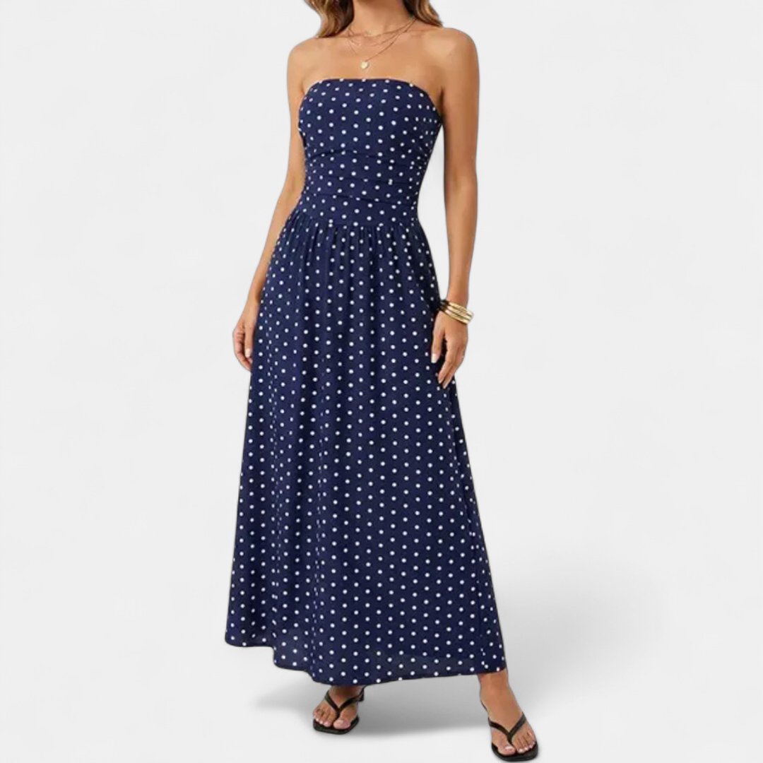 Women's Polka Dot Strapless Maxi Dress, Smocked Back Bodice