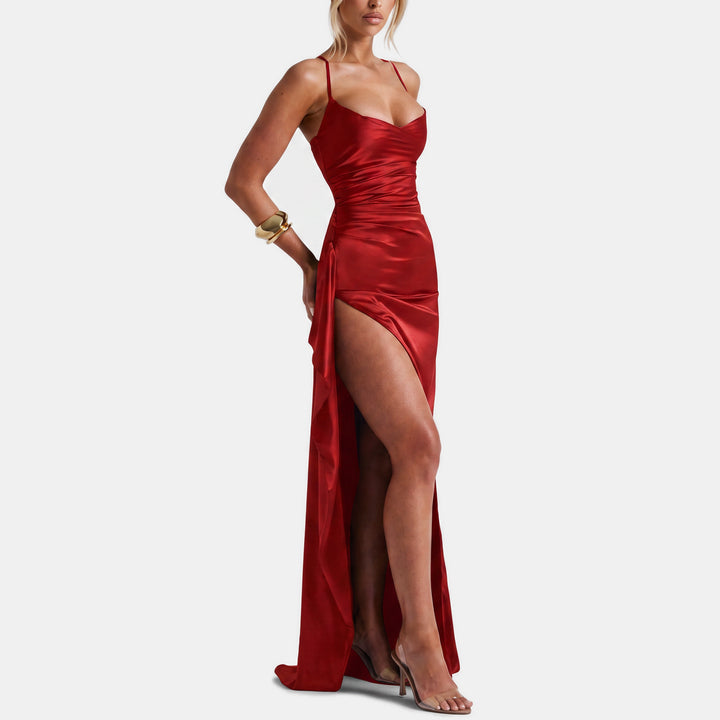 Women's Satin Cocktail Dress, Fitted High Slit Crossback