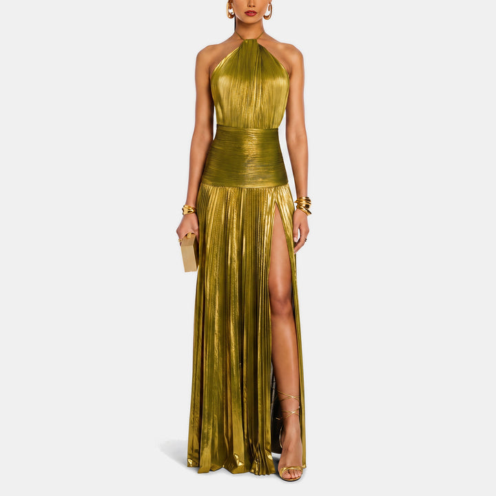 Women's A Line Halter Open Back Cocktail Dress, Metallic Pleated Slit Maxi