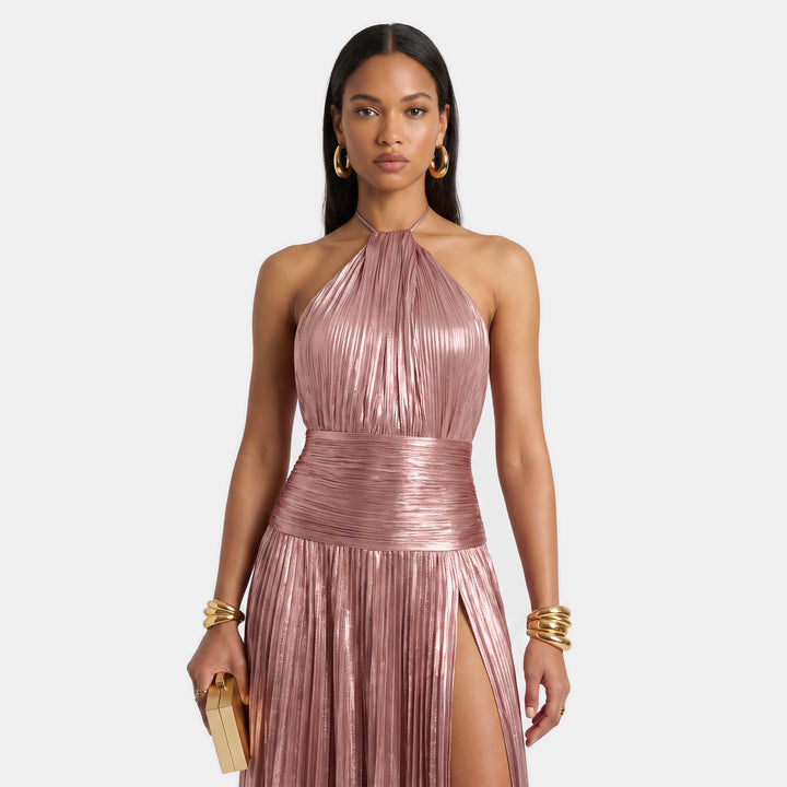 Women's A Line Halter Open Back Cocktail Dress, Metallic Pleated Slit Maxi