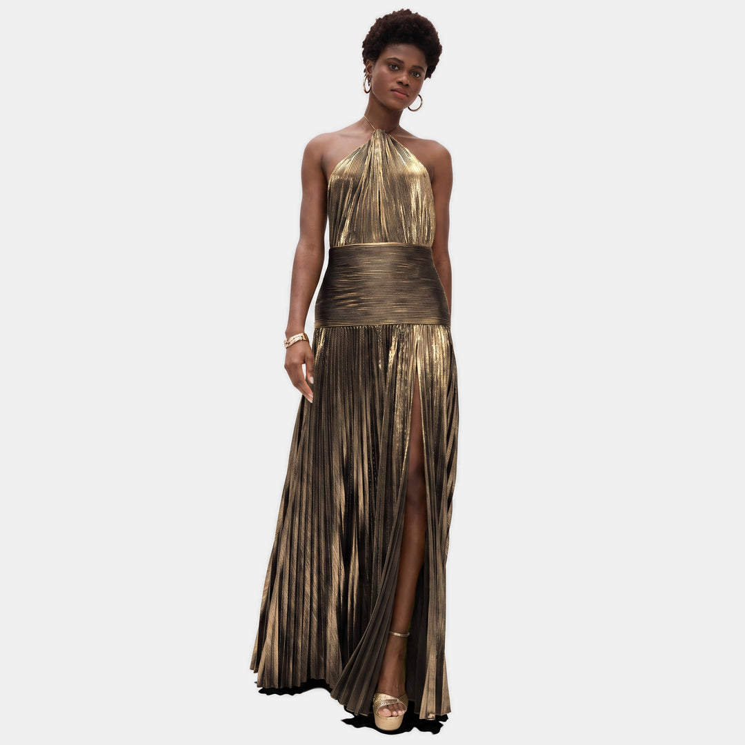 Women's A Line Halter Open Back Cocktail Dress, Metallic Pleated Slit Maxi