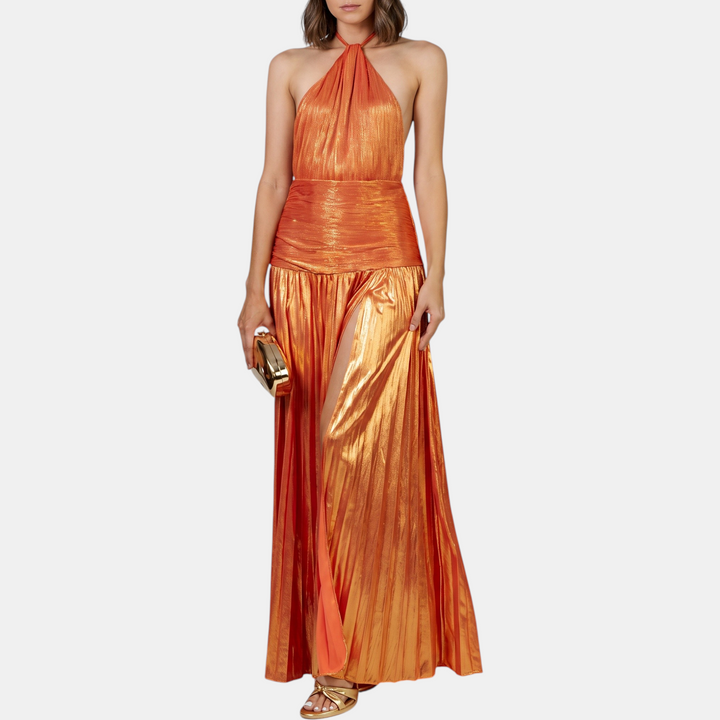 Women's A Line Halter Open Back Cocktail Dress, Metallic Pleated Slit Maxi