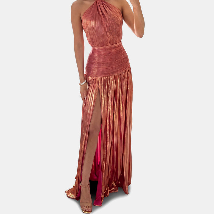Women's A Line Halter Open Back Cocktail Dress, Metallic Pleated Slit Maxi