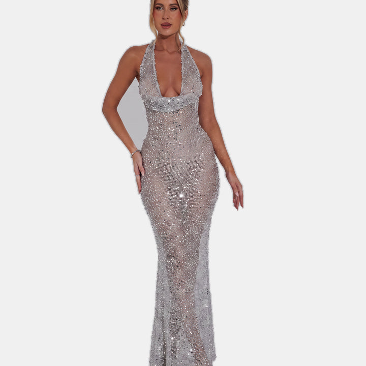 Women's Sequin Halter Mermaid Cocktail Dress, Open Back Long