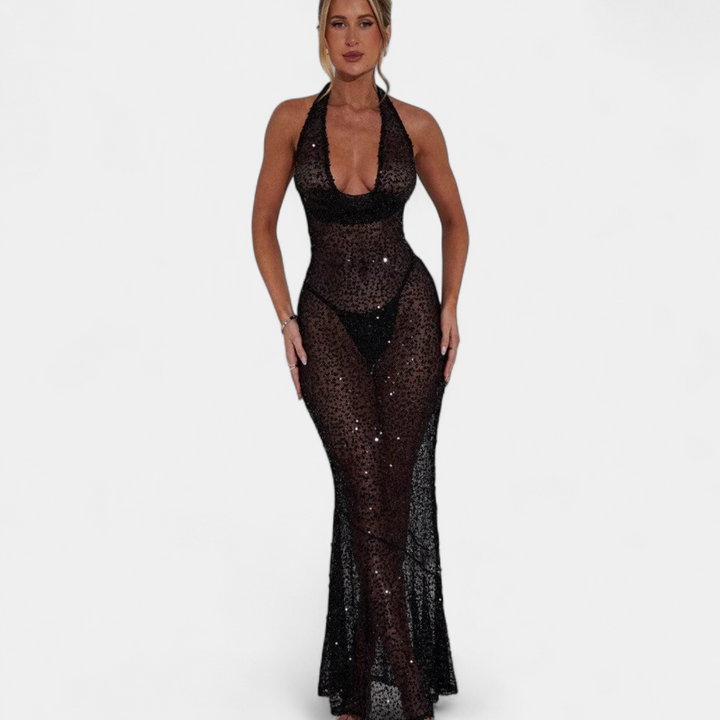 Women's Sequin Halter Mermaid Cocktail Dress, Open Back Long