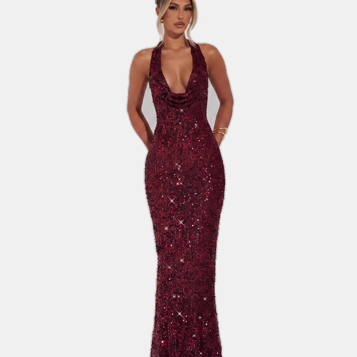 Women's Sequin Halter Mermaid Cocktail Dress, Open Back Long