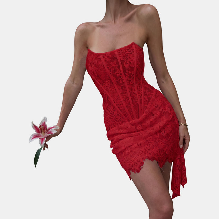 Women's Corset Mini Cocktail Dress, Strapless Floral Lace