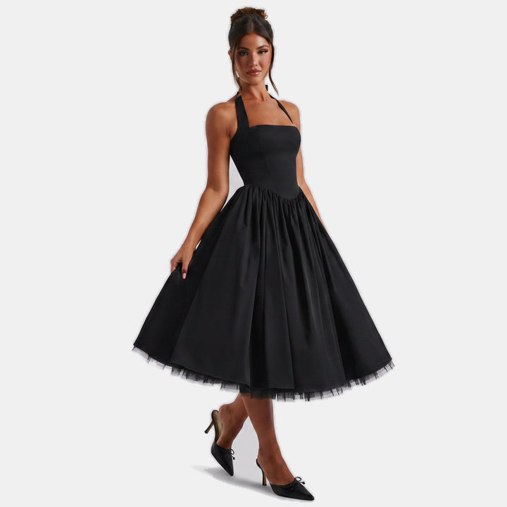 Women's A Line Halter Midi Cocktail Dress, Tulle Full Skirt