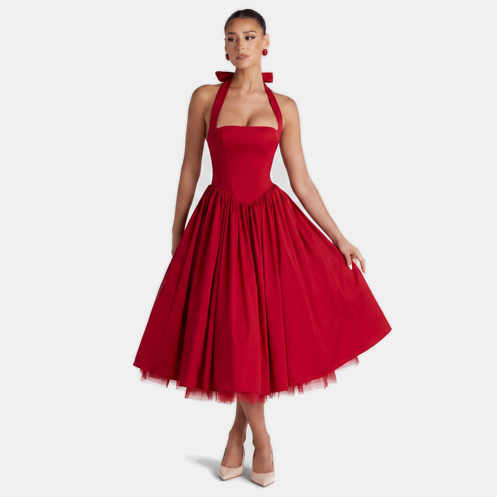 Women's A Line Halter Midi Cocktail Dress, Tulle Full Skirt