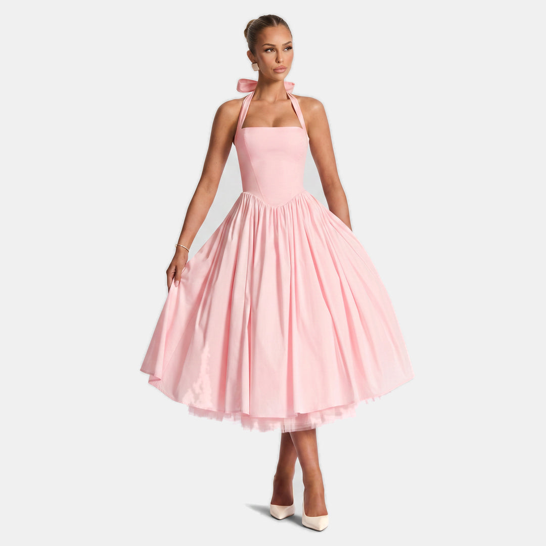 Women's A Line Halter Midi Cocktail Dress, Tulle Full Skirt