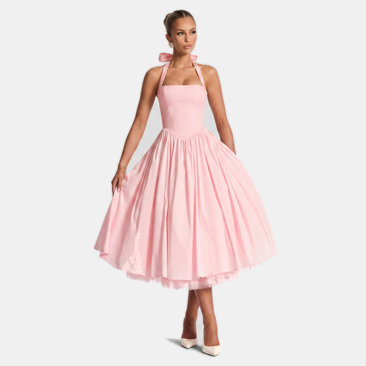 Women's A Line Halter Midi Cocktail Dress, Tulle Full Skirt