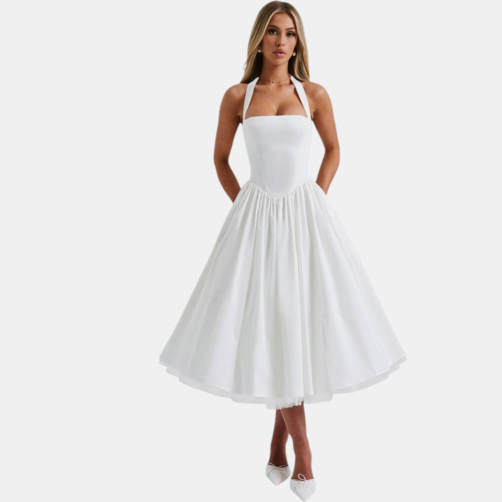 Women's A Line Halter Midi Cocktail Dress, Tulle Full Skirt