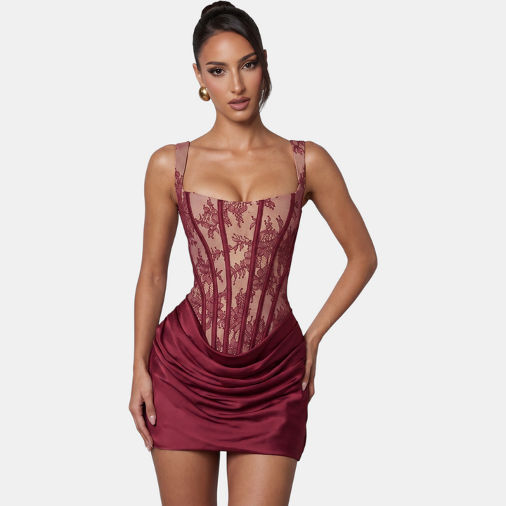 Women's Corset Mini Cocktail Dress, Floral Lace Satin Bodice