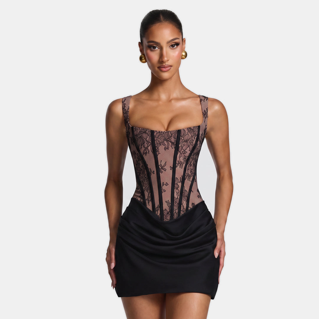 Women's Corset Mini Cocktail Dress, Floral Lace Satin Bodice