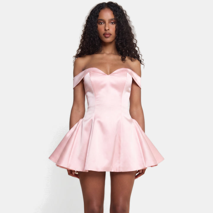 Women's A Line Mini Cocktail Dress, Strapless Off Shoulder Contrast Trim