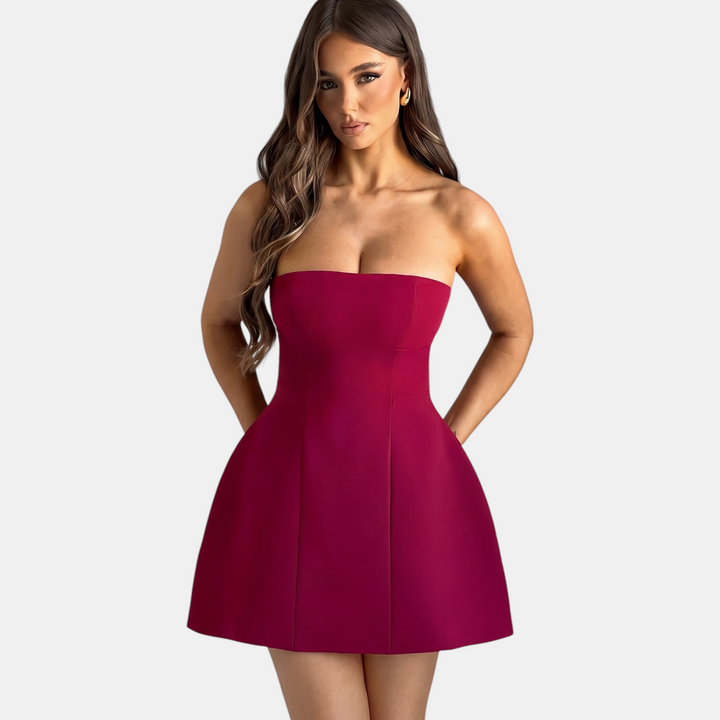 Women's A Line Mini Cocktail Dress, Strapless Bandeau Fitted Bodice