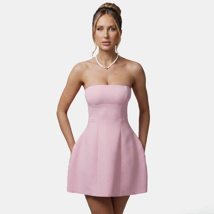 Women's A Line Mini Cocktail Dress, Strapless Bandeau Fitted Bodice