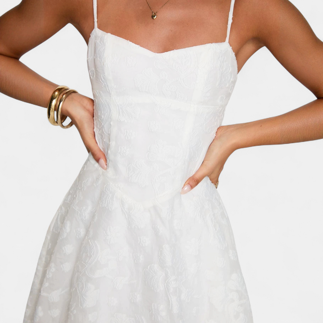 Women's White Floral A Line Mini Cocktail Dress, Spaghetti Strap Jacquard