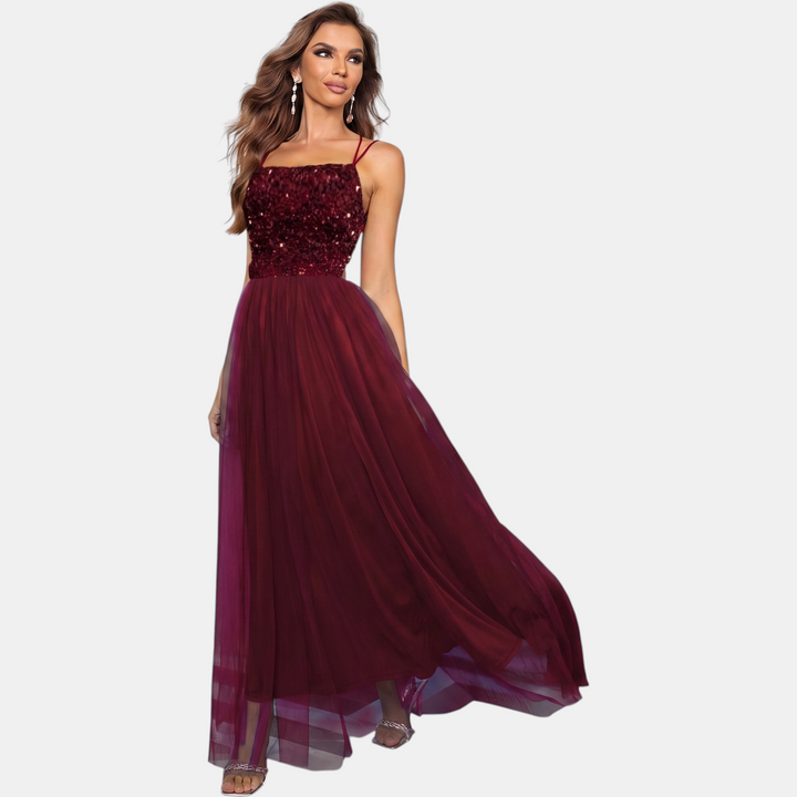 Women's Sequin A Line Cocktail Dress, Tulle Skirt with Front Slit