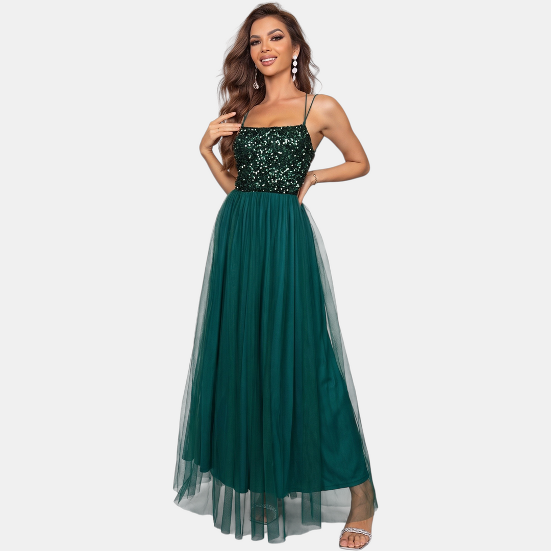 Women's Sequin A Line Cocktail Dress, Tulle Skirt with Front Slit