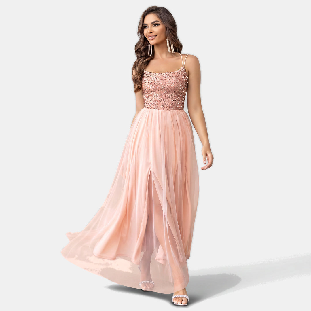 Women's Sequin A Line Cocktail Dress, Tulle Skirt with Front Slit