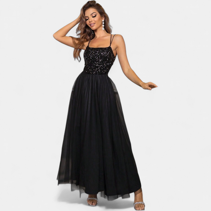 Women's Sequin A Line Cocktail Dress, Tulle Skirt with Front Slit