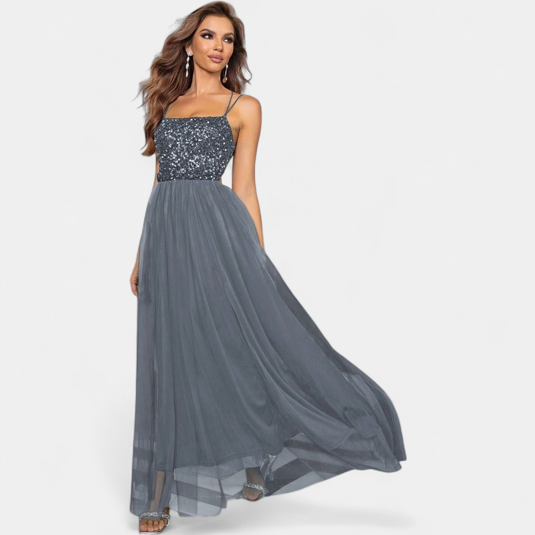Women's Sequin A Line Cocktail Dress, Tulle Skirt with Front Slit