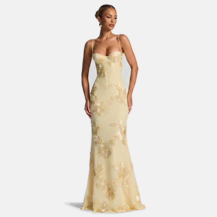 Women's Floral Corset Mermaid Cocktail Dress, 3D Appliqué Spaghetti Strap
