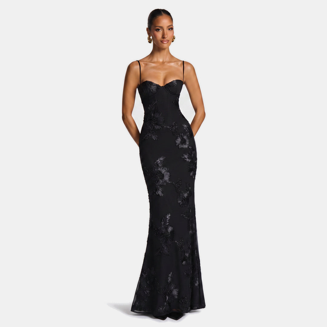 Women's Floral Corset Mermaid Cocktail Dress, 3D Appliqué Spaghetti Strap