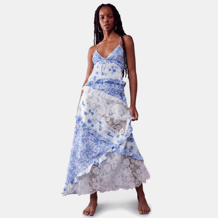 Women's Floral Long Cocktail Dress, Tiered Ruffle Lace Trim Deep V