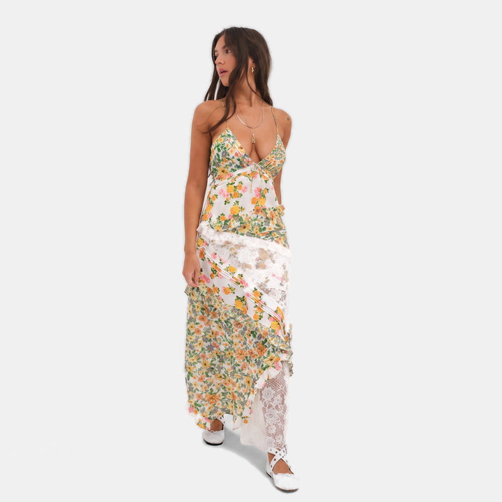 Women's Floral Long Cocktail Dress, Tiered Ruffle Lace Trim Deep V
