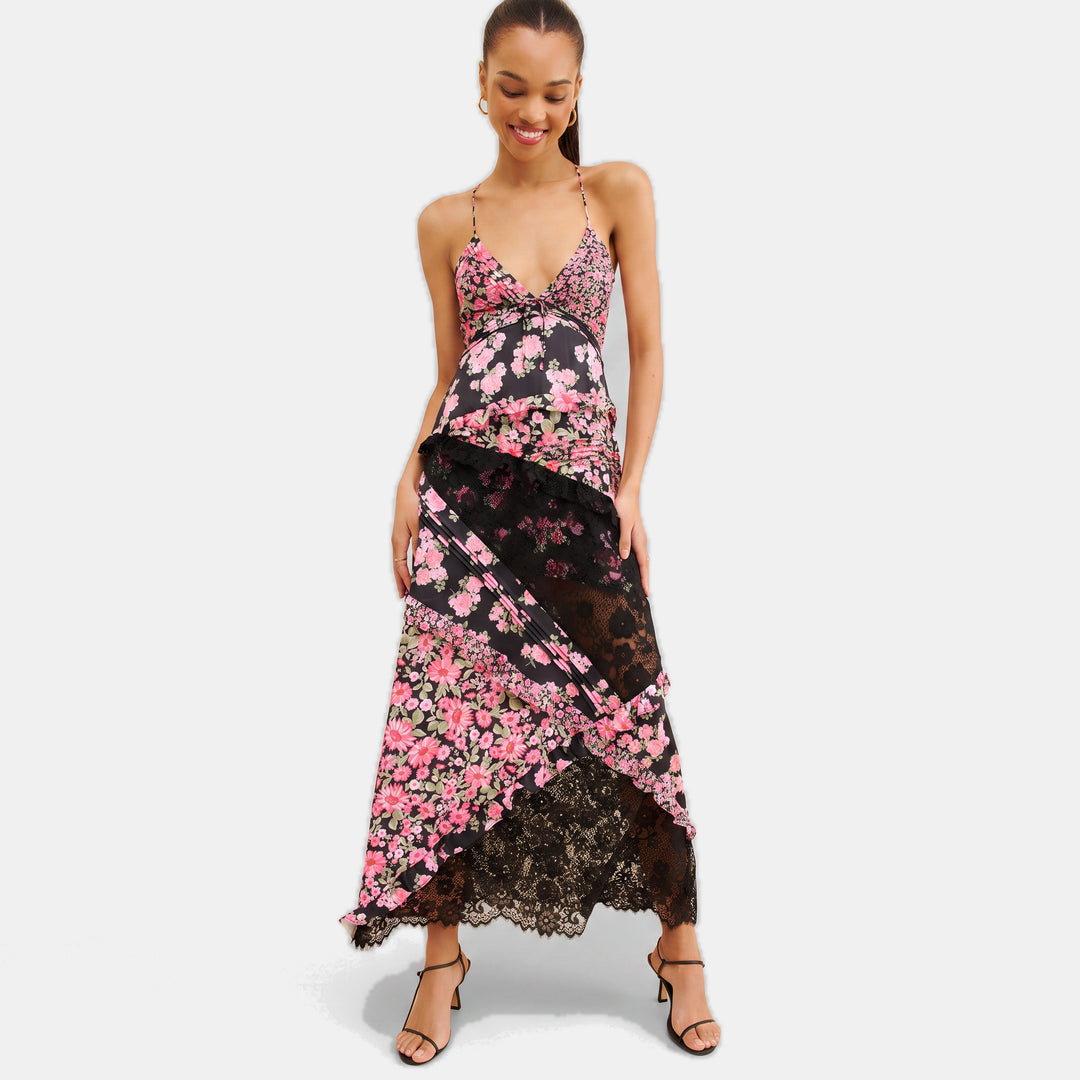 Women's Floral Long Cocktail Dress, Tiered Ruffle Lace Trim Deep V