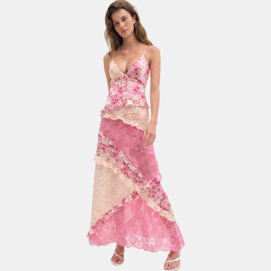 Women's Floral Long Cocktail Dress, Tiered Ruffle Lace Trim Deep V