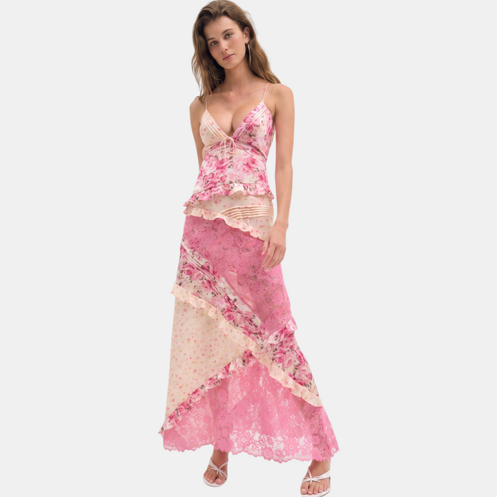 Women's Floral Long Cocktail Dress, Tiered Ruffle Lace Trim Deep V