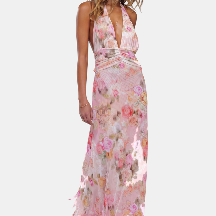 Women's Floral Backless Halter Neck Cocktail Dress, Ruched Waist Side Slit