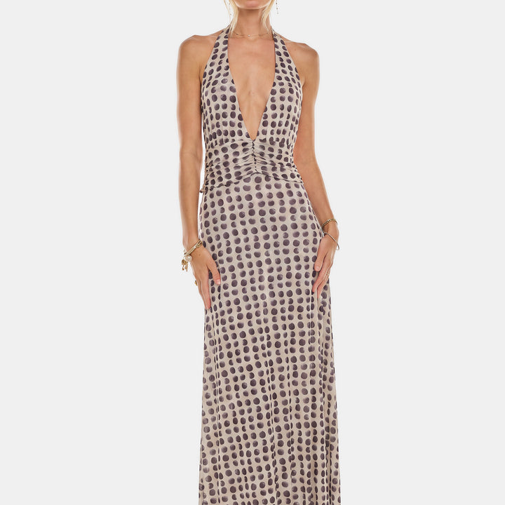 Women's Floral Backless Halter Neck Cocktail Dress, Ruched Waist Side Slit