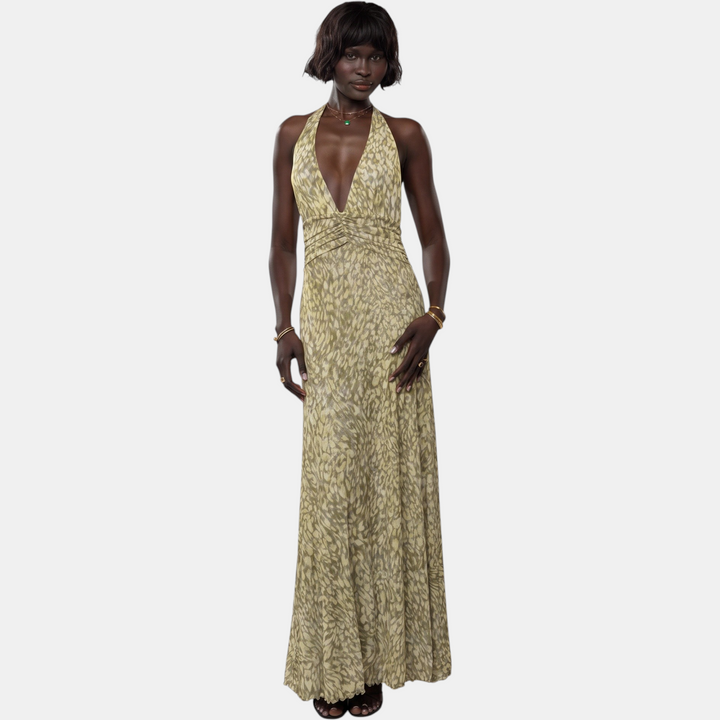 Women's Floral Backless Halter Neck Cocktail Dress, Ruched Waist Side Slit