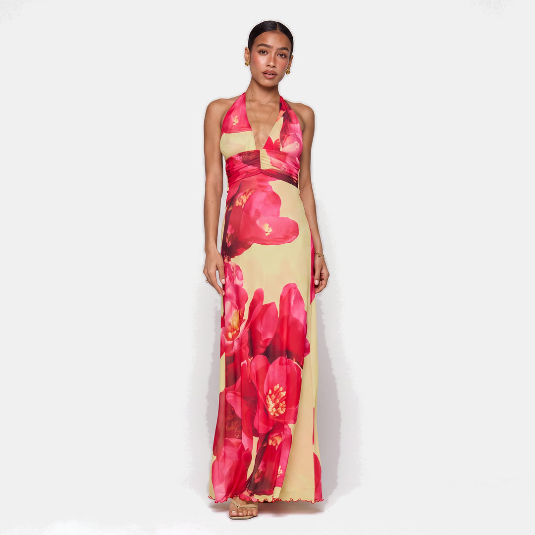 Women's Floral Backless Halter Neck Cocktail Dress, Ruched Waist Side Slit