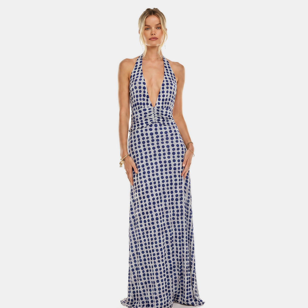Women's Floral Backless Halter Neck Cocktail Dress, Ruched Waist Side Slit
