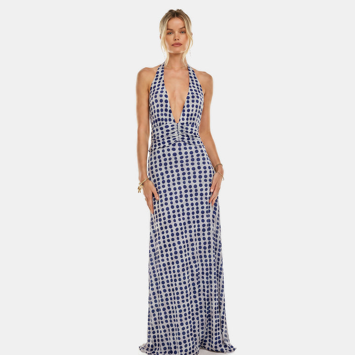 Women's Floral Backless Halter Neck Cocktail Dress, Ruched Waist Side Slit