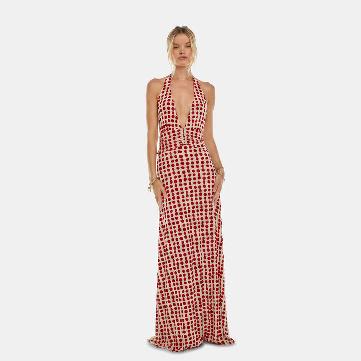 Women's Floral Backless Halter Neck Cocktail Dress, Ruched Waist Side Slit