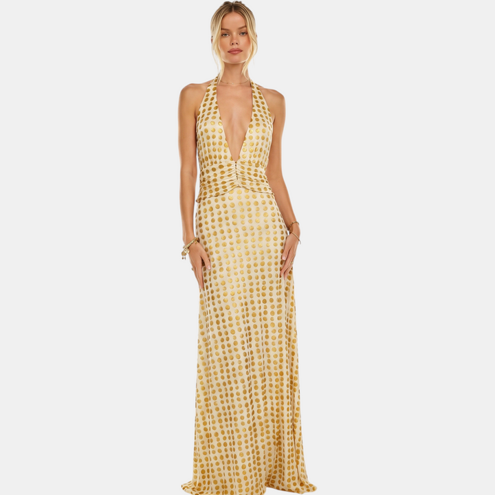 Women's Floral Backless Halter Neck Cocktail Dress, Ruched Waist Side Slit