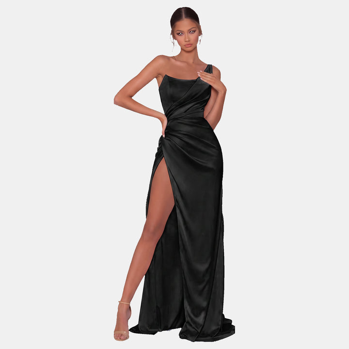Women's Mermaid Satin Cocktail Dress, One Shoulder High Slit