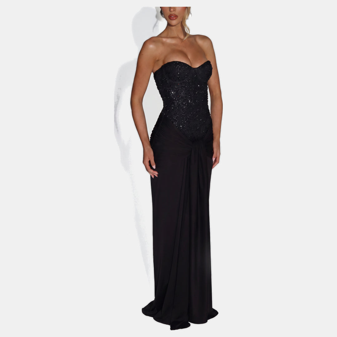 Women's Corset Cocktail Dress, Strapless Sweetheart Beaded Maxi