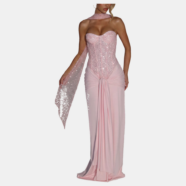 Women's Corset Cocktail Dress, Strapless Sweetheart Beaded Maxi