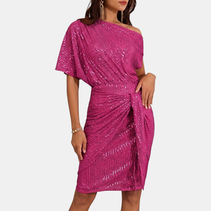 Women's Short Sequin Cocktail Dress, One Shoulder Twist Knot