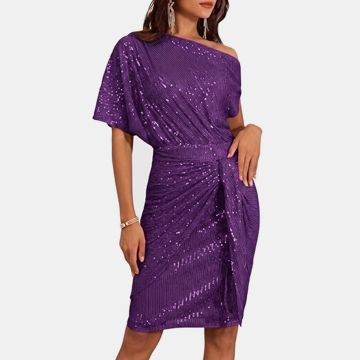 Women's Short Sequin Cocktail Dress, One Shoulder Twist Knot